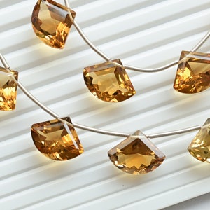 May include: A strand of golden citrine gemstone beads, each bead is a half-moon shape with a faceted cut. The beads are strung on a silver wire.