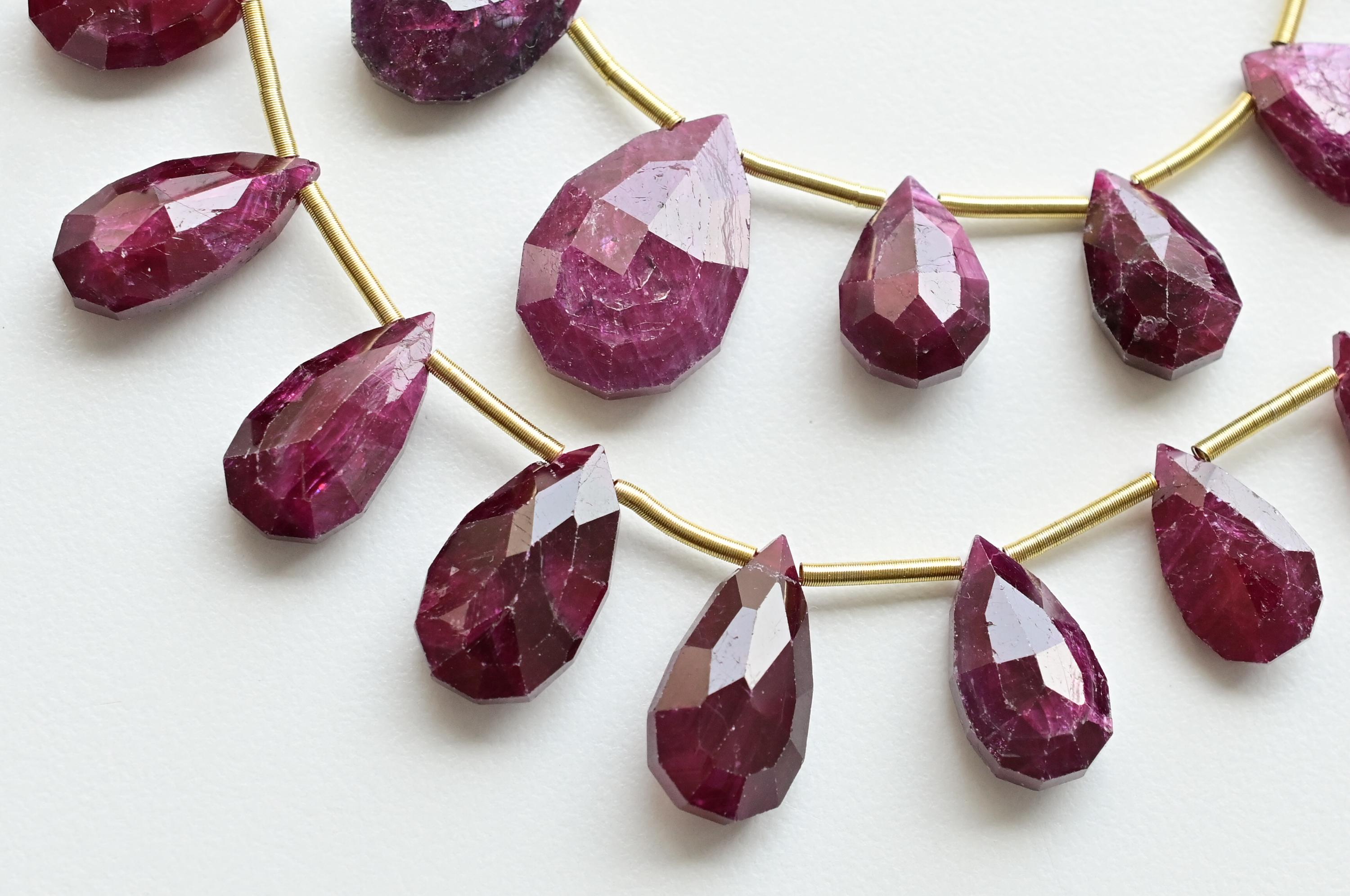 11 Pieces Ruby Untreated Pear Hammered Faceted Briolette Beads Natural Gemstone For Jewelry Making | Ruby for Jewelry Making | DIY Jewelry
