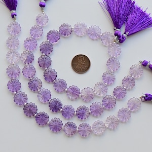 8 Inches Amethyst Slot Carved Round Flower Beads Natural Gemstone | Amethyst For Jewelry Making | 13x13x4 to 12x12x4 MM