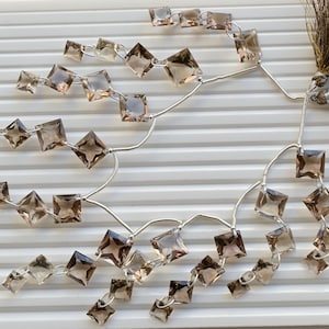 40 Pieces Smoky Quartz Square Princess Cut Stone Faceted Beads Natural Gemstone Double Drill Strand for Jewelry Making | 16x16x7to 10x5 MM