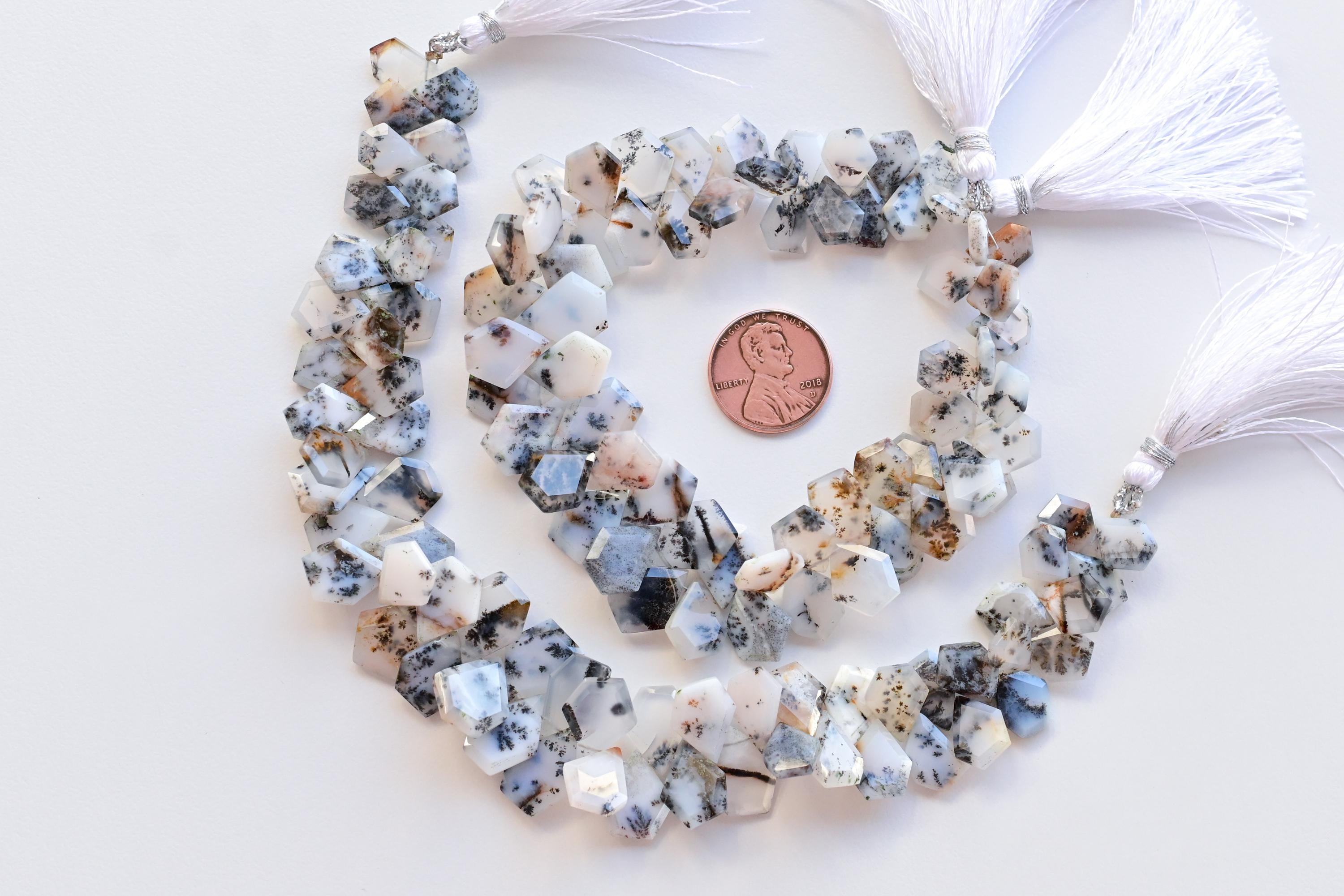 8.5 Inches Dendritic Agate Geometrical Crown Cut Faceted Beads Natural Gemstone Side Drill Strand for Jewelry Making | 15x11x2.5 to 9x7x2 MM