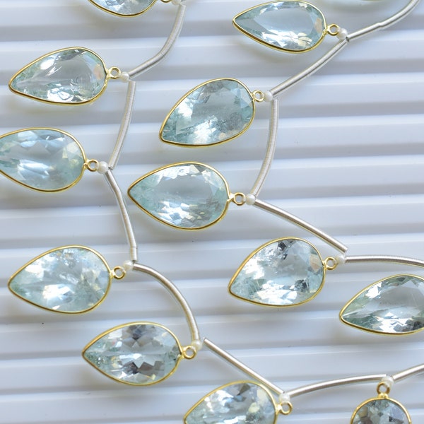 12 Pieces Natural Aquamarine Pear Cut Faceted 14k Gold Vermeil Bezel Set Charms for Jewelry | 17x11x7 to 14x9x4.5 MM | DIY Jewelry Findings