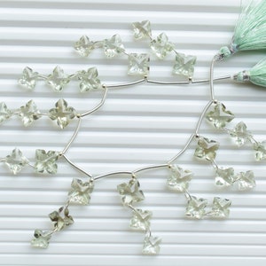 30 Pieces Green Amethyst Four Petal Flower Carved Bi Princess Cut Beads Natural Gemstone Double Drill Beads Strand | 14x14x7 to 10x10x5 MM