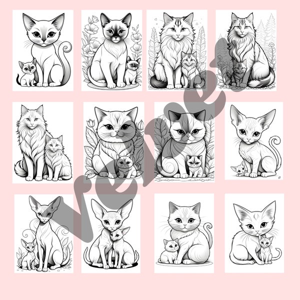 Mama Cat and Kittens Coloring Pages