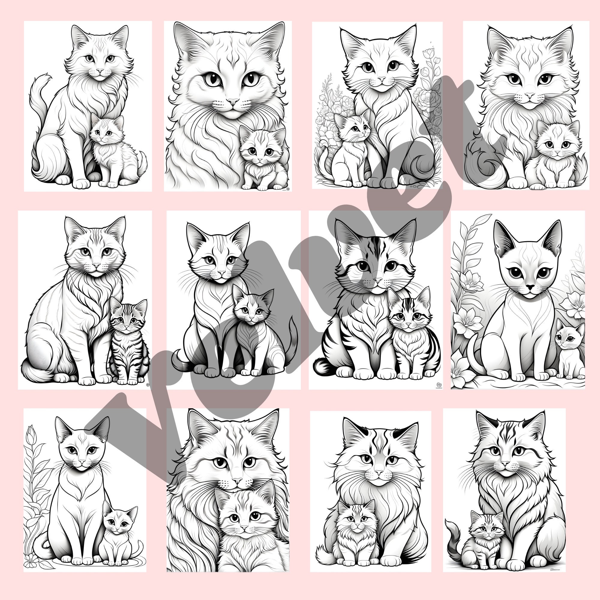 Mama Cat and Kittens Coloring Pages - Etsy
