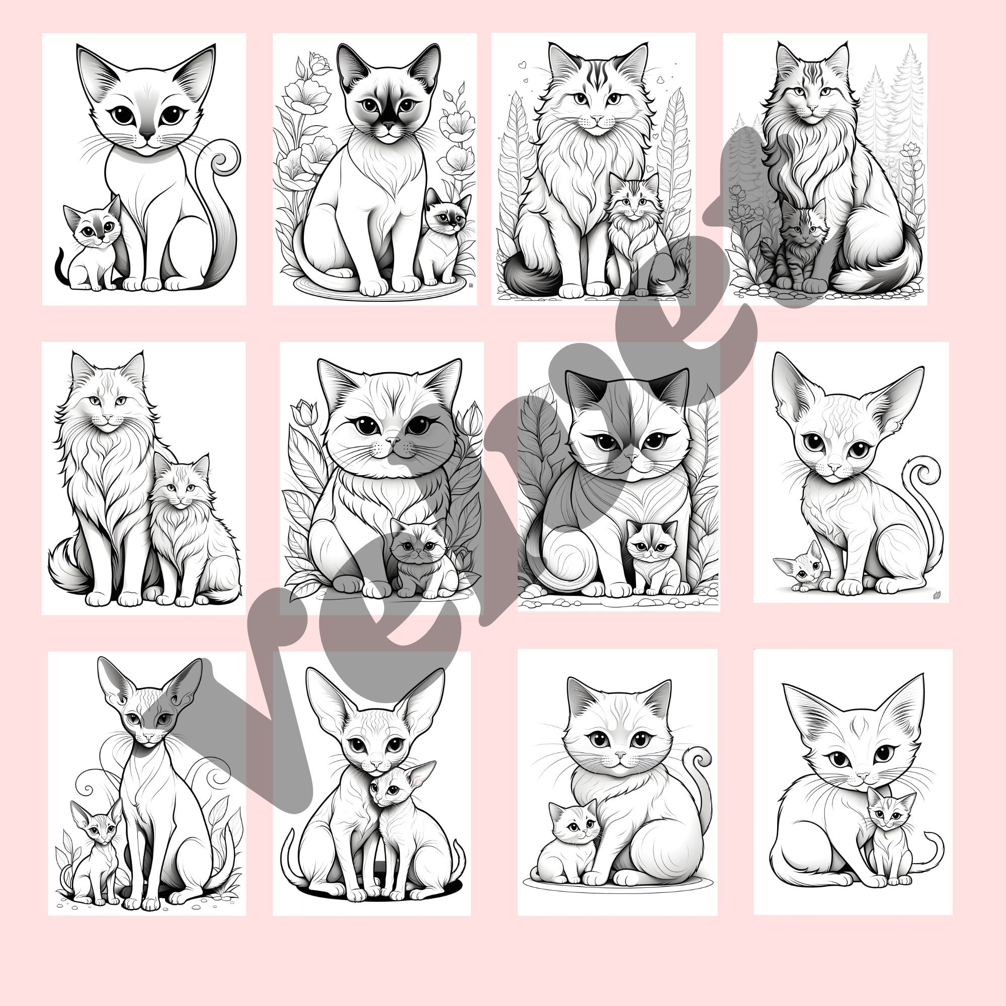 Mama Cat and Kittens Coloring Pages - Etsy