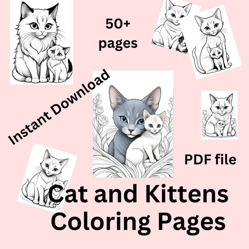 Mama Cat and Kittens Coloring Pages - Etsy