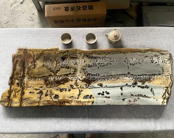 Handmade Chinese Painting Stone Tea Tray - Custom Size & Edge - Unique Fossil Pattern - Zen Tea Set (Free Shipping)