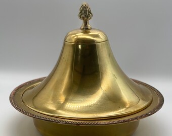 Vintage Hand Forged Brass Tagine, Copper Trim, Acorn Finial