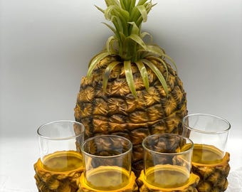 Retro Evers Pineapple Ice Bucket Set, 4 Glasses, Rare Barware