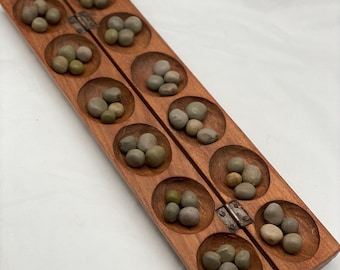 Vintage Handcarved Mancala Board with Crocodile Lid & Nickernut Seeds