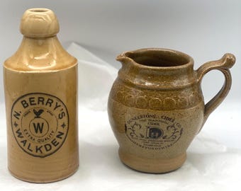 Antique Stoneware Vessels: Berry's Ginger Beer Bottle & Dunkertons Cider Jug