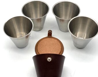 Set of 4 vintage Danish Stainless Steel Stirrup cups in a leather storage case.