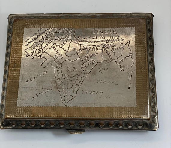 vintage cigarette case india Beautiful silver and brass British colonial cigarette case with lovely  repousse work showing pre-separation map of India and the Taj Mahal