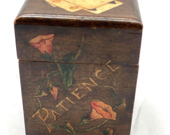 Antique Handpainted Wood Playing Card Box, Floral Butterfly Design