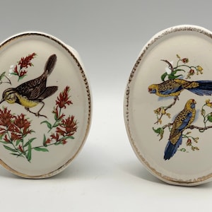 May include: Two white ceramic oval plates with gold trim. One plate features a yellow and brown bird with red flowers. The other plate features two yellow and blue birds with green leaves and yellow flowers.
