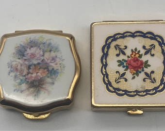 Vintage Stratton Compact Set: Floral Pill Box and Mirror Compact