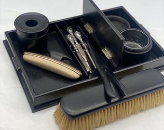 Antique Ebony Wood Grooming Set, Gentleman's Vanity Tray