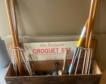 Vintage 1950’s Jacques of London outdoor croquet game in original pine box. A lovely set and great fun to play. Box length is 40 inches.