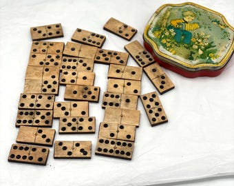 Vintage Handmade Wooden Domino Set in Horner Tin