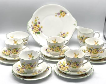 Royal Albert Primulette Teaset, Vintage Floral Tea Cups, Saucers, Plates, Cake Plate