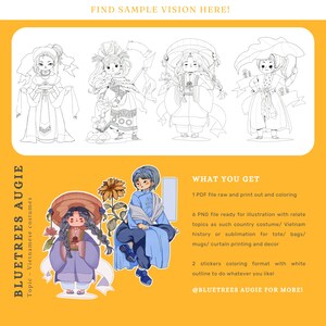 Puede incluir: Ilustración digital de trajes vietnamitas. La imagen incluye cuatro dibujos lineales de figuras con vestimenta tradicional y dos ilustraciones en color. El texto dice "FIND SAMPLE VISION HERE!" y "BLUETREES AUGIE - Trajes vietnamitas."
