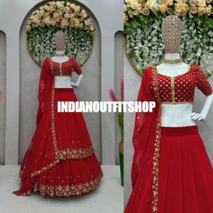 Unique Red Wedding Dress Georgette Red Lehenga Choli With Dupatta, Bridesmaid Dresses & Wedding Lehenga Choli With Readymade Lehenga image 1