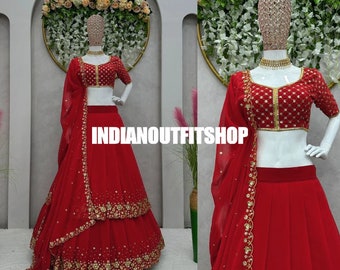 Unique Red Wedding Dress Georgette Red Lehenga Choli With Dupatta, Bridesmaid Dresses & Wedding Lehenga Choli With Readymade Lehenga