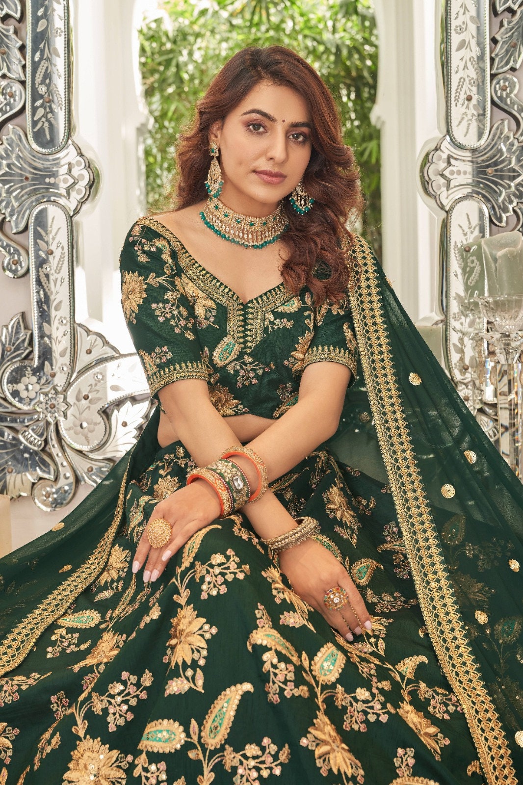 Green lehenga with best sale jewellery