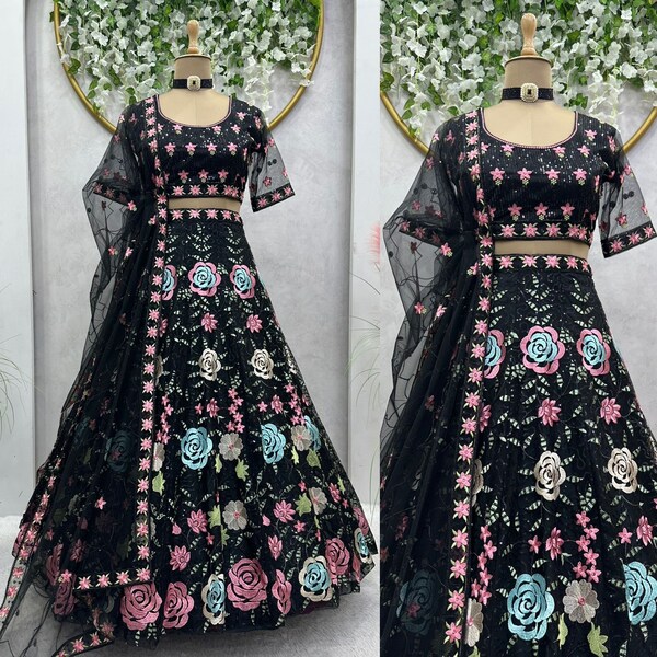 Indian Wear Black Soft Net Lehenga Choli With Embroidery Sequence Work And Soft Net Dupatta For Women , Wedding Lehenga , Party Wear Lehenga