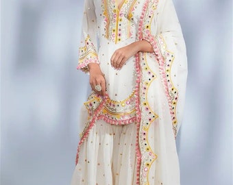 Partywear Kurta Sharara Set with Dupatta, Pakistani Designer Georgette 3 piece Salwar Kameez for Weddings Readymade Dresses