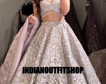 Lilla Georgette Lehenga Choli con lavoro in sequenza di ricamo e Georgette Dupatta per le donne, matrimonio Lehenga, abbigliamento da festa Lehenga, Choli