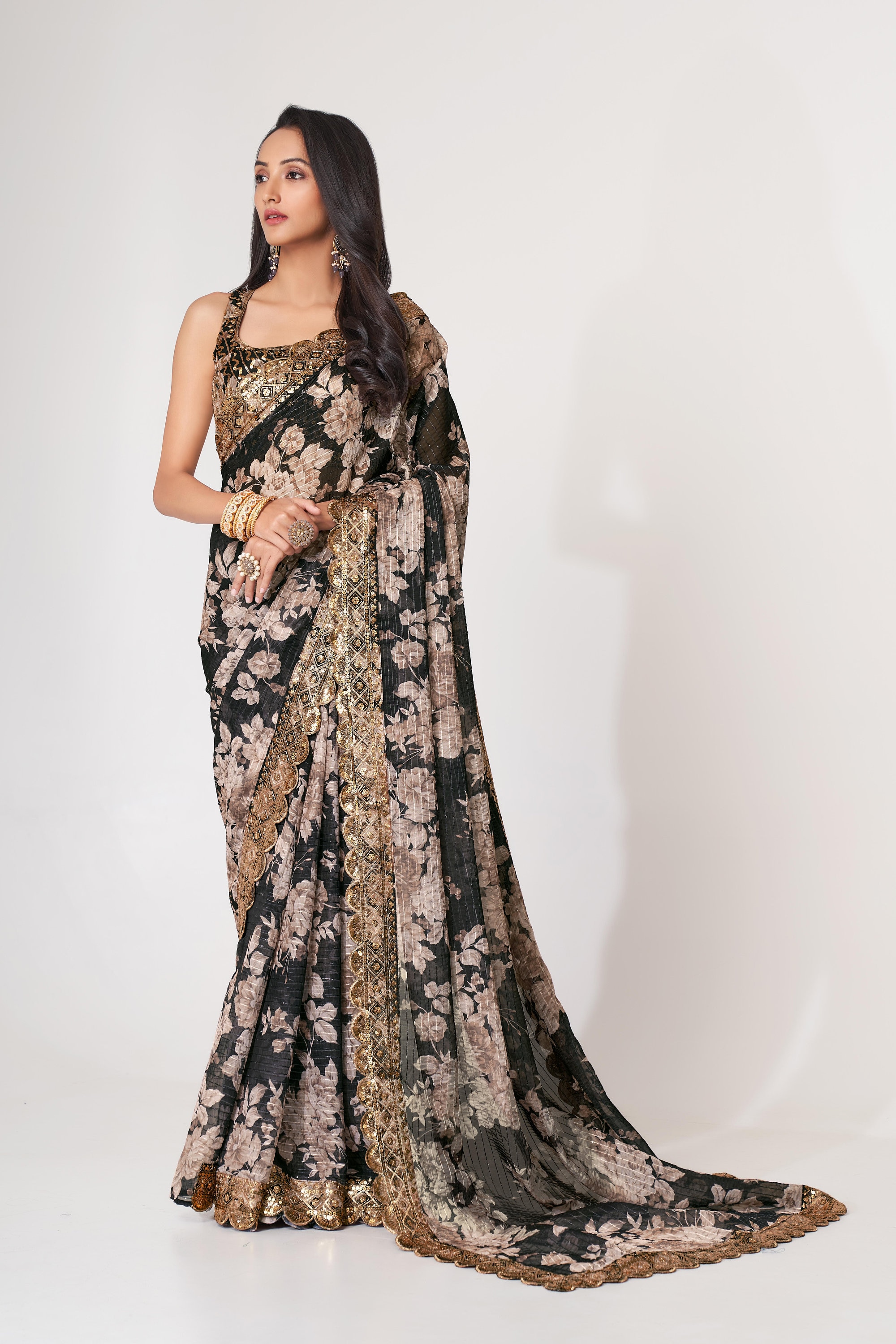 Kajol Saree in Black Organza With Print and Embroidery Lace Bollywood Saree  in USA, UK, Malaysia, South Africa, Dubai, Singapore