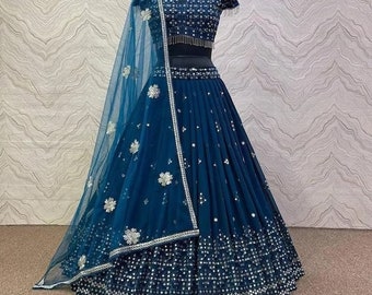Blaue Georgette Lehenga und Georgette Bluse und Schmetterlingsnetz Dupatta für Frauen, indische Hochzeit Brautjungfer Lehenga Choli, Chaniya Choli