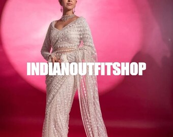 Designer White Net Saree And Sequence Embroidery Work And Net Blouse For Women , Party Wear Saree , Indian Saree , Wedding Bridesmaid Saree