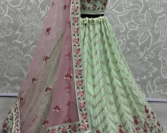 Georgette verde Lehenga Choli per donne o ragazze Abbigliamento da festa di matrimonio indiano damigelle d'onore Lengha Choli Sangeet, Festival, Abbigliamento da ricevimento Choli