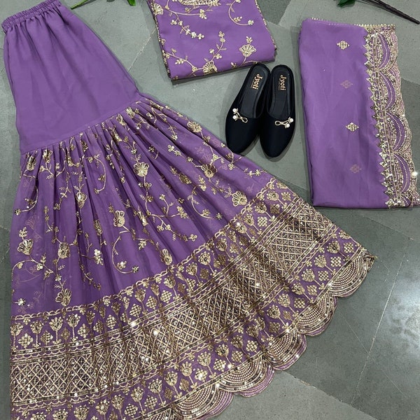 Salwar Kameez Indian Designer Georgette Partywear Kurta Sharara set with sequence , thread & zari work, 3 piece Readymade suit , Punjabi