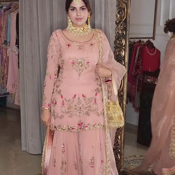 Partywear Pink Kurta Sharara Set mit Dupatta, Pakistanischer Designer Georgette 3-teiliges Salwar Kameez für Hochzeiten Fertige Kleider