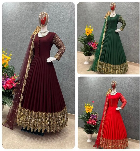 LONG GOWN EMBROIDERY WORK WITH BELT AND DUPATTA PARTY WEAR READY TO WEAR at  Rs 999 | Long Gowns in Surat | ID: 2850261261012