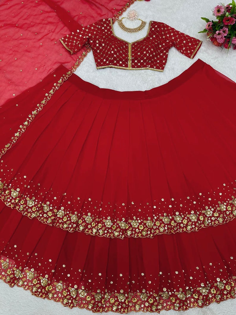 Unique Red Wedding Dress Georgette Red Lehenga Choli With Dupatta, Bridesmaid Dresses & Wedding Lehenga Choli With Readymade Lehenga image 7