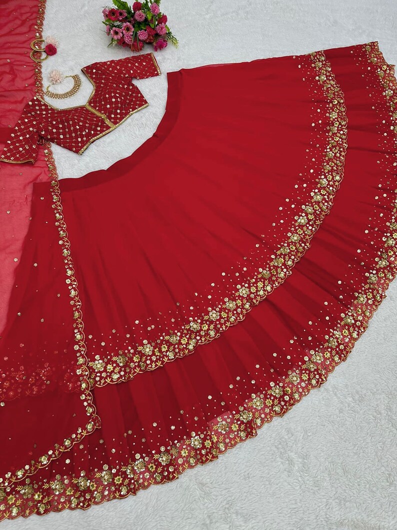 Unique Red Wedding Dress Georgette Red Lehenga Choli With Dupatta, Bridesmaid Dresses & Wedding Lehenga Choli With Readymade Lehenga image 8