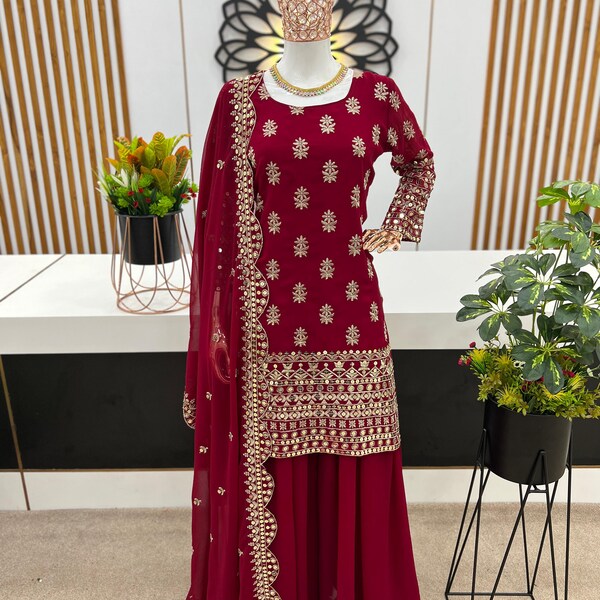 Indian Georgette Salwar Kameez, Maroon Heavy Georgette Partywear Kurta Sharara Set With Embroidery Sequence Work, 3 Piece Readymade Suit