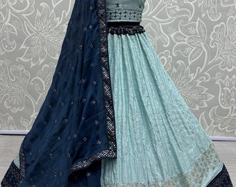 Increíble Aqua Blue Lehenga Choli para mujeres fiesta de bodas usar Lengha Choli del sur de la India perfecto para damas de honor, listo para usar Ghagra Choli