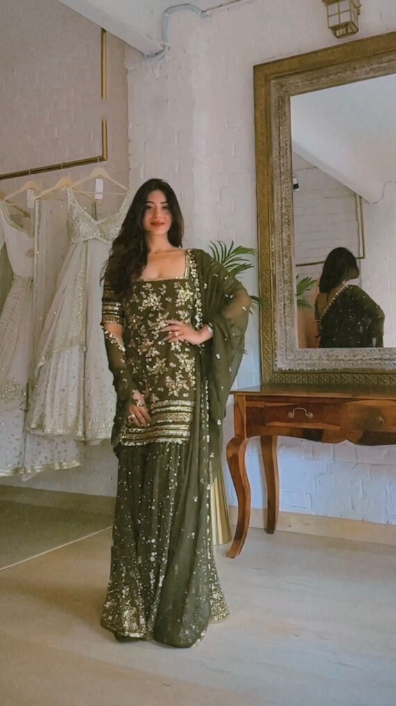 Party Wear Green Georgette Kurta Palazzo and Net Dupatta With