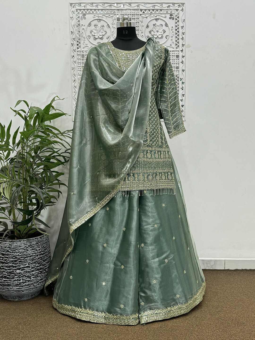 Sea Green Classy Designer Readymade Palazzo Suit With Digital Print Embroidery Work main image 1