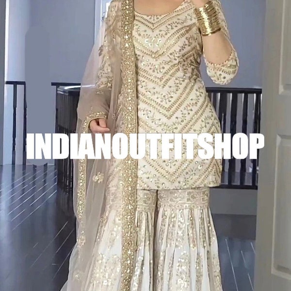 Designer White Sharara Suit For Women and Girls with Sequence Embroidery Work, Party Wear Suit, Wedding Party Wear Suit top sharara suit