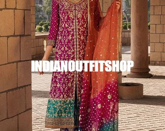 Pakistani Pink Partywear Work Straight Kurta Pants & Dupatta set, 3 pc Embroidered Salwar Kameez Readymade Dresses, Wedding Wear