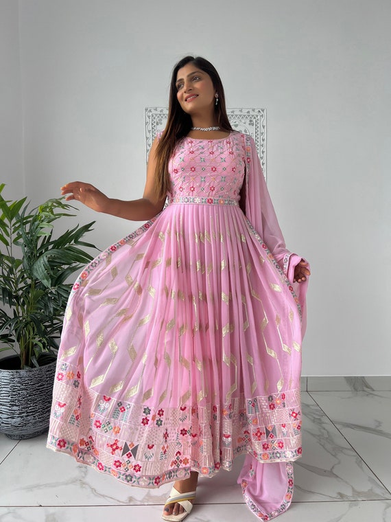 Best Online Coral Pink Anarkali Suit with Embroidery LSTV117276