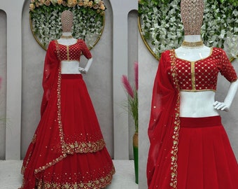 Unique Red Wedding Dress Georgette Red Lehenga Choli With Dupatta, Bridesmaid Dresses & Wedding Lehenga Choli With Readymade Lehenga