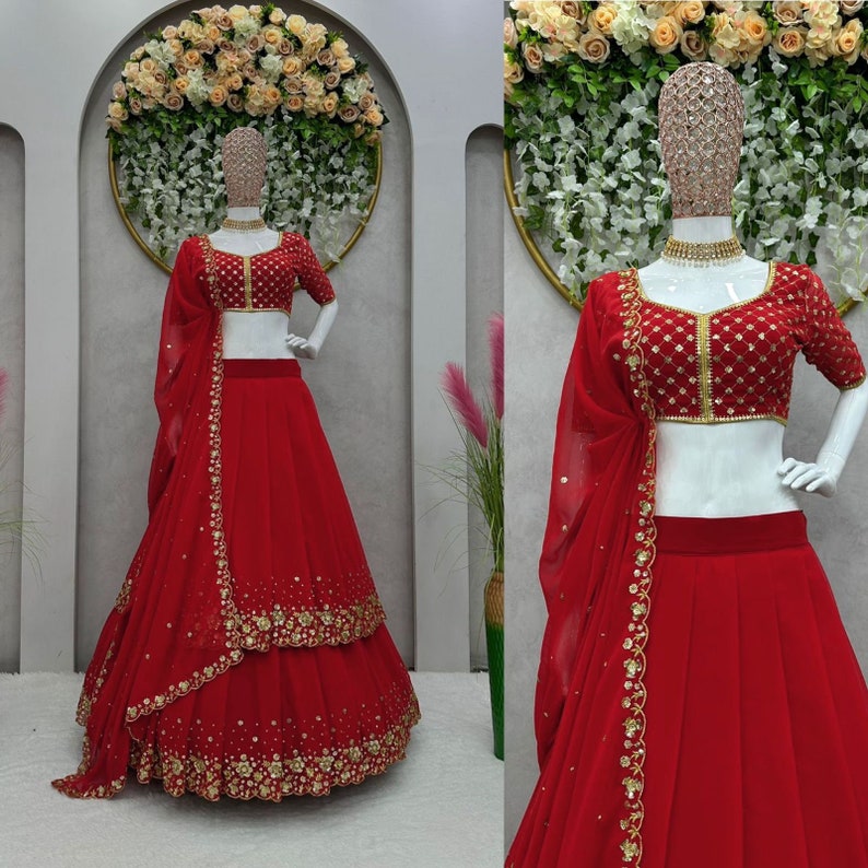 Unique Red Wedding Dress Georgette Red Lehenga Choli With Dupatta, Bridesmaid Dresses & Wedding Lehenga Choli With Readymade Lehenga image 2